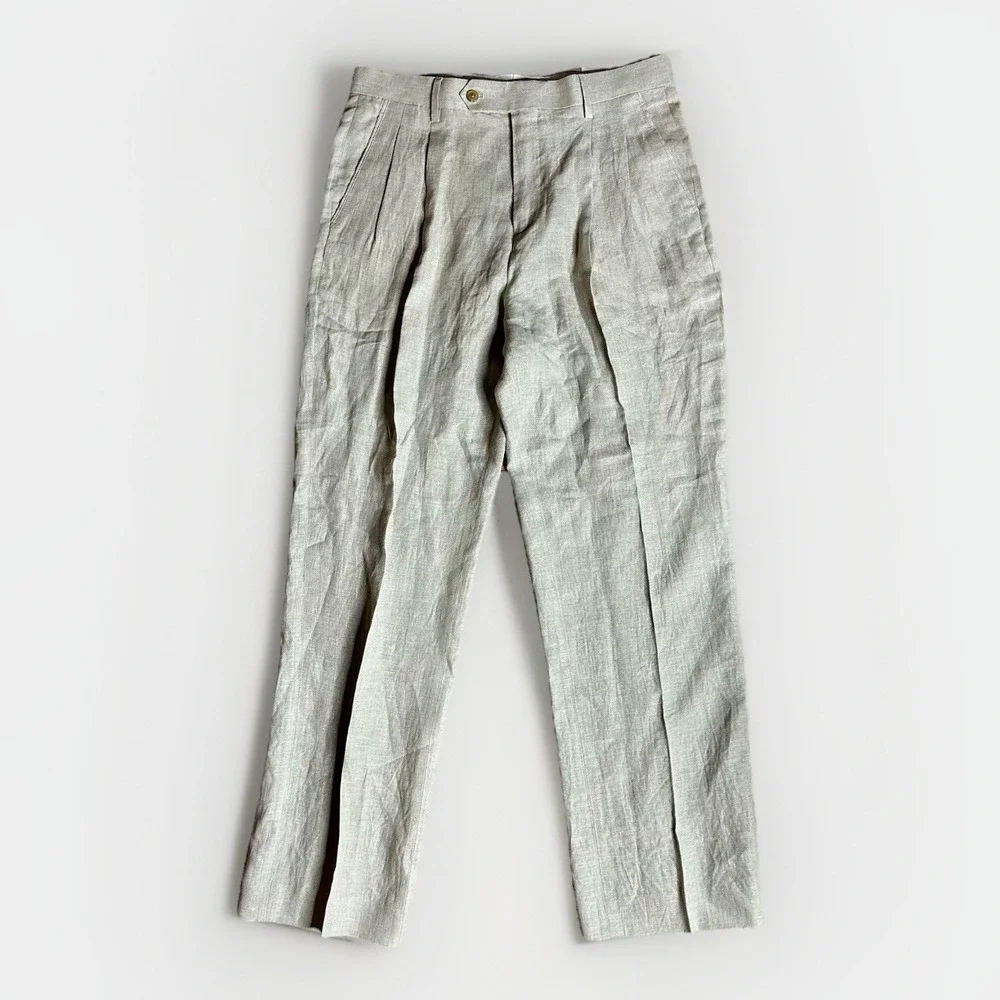 NEW Paul Fredrick Pants Mens 34x32 Natural Khaki 100% Linen Pleated Dress Casual